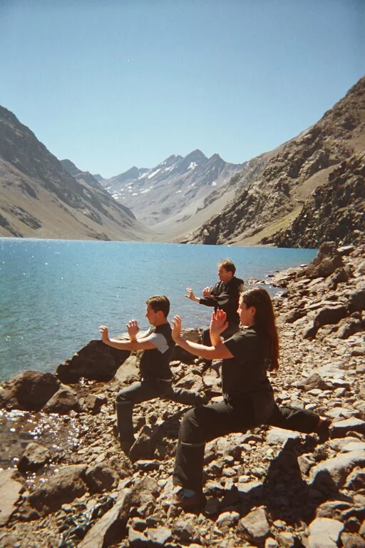 Grupo meditando junto a una laguna